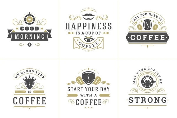 Café cita estilo tipográfico vintage frases inspiradoras conjunto de ilustrações vetoriais. — Vetor de Stock