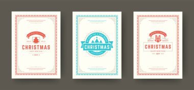 Noel tebrik kartları klasik tipografik tasarım, dekorasyon sembolleri vektör illüstrasyonunu ayarladı