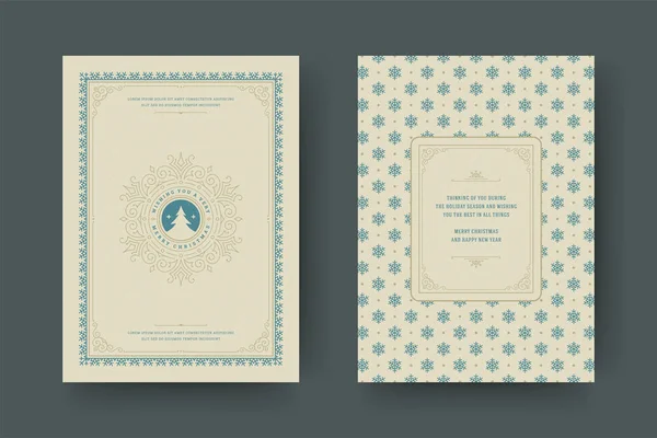 Tarjeta de felicitación navideña diseño tipográfico vintage, adornos adornados símbolos con árbol, vacaciones de invierno deseo — Vector de stock