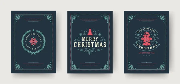 Tarjetas de felicitación de Navidad conjunto diseño tipográfico vintage, símbolos decorativos adornados con los deseos de vacaciones de invierno — Vector de stock
