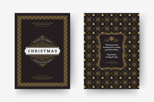 Tarjeta de felicitación de Navidad diseño tipográfico vintage, decoraciones adornadas con símbolos, vacaciones de invierno deseo — Vector de stock