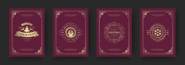 Noel tebrik kartları vintage tasarım, süslü dekorasyon sembolleri ve kış tatilleri vektör illüstrasyon istiyor
