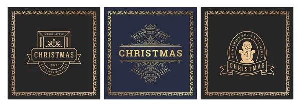 Weihnachten quadratische Banner vintage typografisches Design, kunstvolle Dekorationen Symbole Vektorillustration — Stockvektor