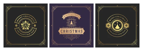 Christmas square banners vintage typographic design, ornate decorations symbols vector illustration — Stock Vector