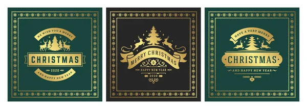 Bannières carrées de Noël design typographique vintage, décorations ornées symboles illustration vectorielle — Image vectorielle