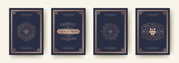 Tarjetas de felicitación de Navidad diseño vintage, símbolos decorativos adornados y vacaciones de invierno deseos vector ilustración — Vector de stock