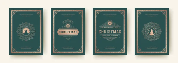 Tarjetas de felicitación de Navidad diseño vintage, símbolos decorativos adornados y vacaciones de invierno deseos vector ilustración — Vector de stock