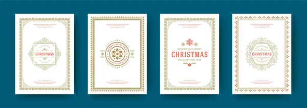Tarjetas de Navidad vintage diseño tipográfico adornado decoraciones símbolos con vacaciones de invierno deseos vector ilustración — Vector de stock
