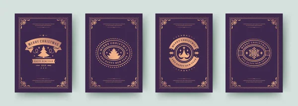 Świąteczne kartki okolicznościowe Vintage Design, ozdobne symbole dekoracji i ferie zimowe życzenia ilustracji wektorowych — Wektor stockowy