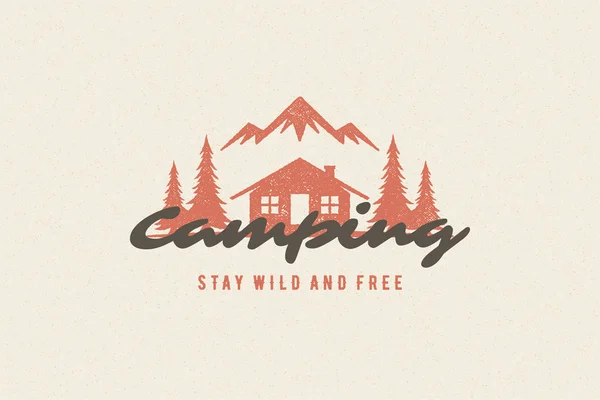 Dizendo tipografia citação com símbolo cabine de acampamento desenhado à mão e montanhas para cartões de saudação e cartazes — Vetor de Stock