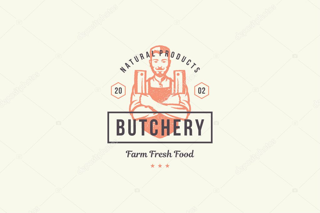 Hand drawn logo male butcher holding knife silhouette and modern vintage typography retro style vector illustration. Butcher man logotype for farm meat market packaging and restaurant menu decoration.