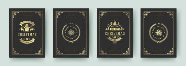 Noel tebrik kartları vintage tasarım, süslü dekorasyon sembolleri ve kış tatilleri vektör illüstrasyon istiyor