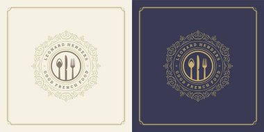 Restoranın logo şablonu vektör çizim çatalı ve kaşık sembolü ve süs girdapları menü ve kafe işareti için iyi