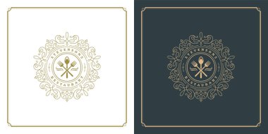 Restoranın logo şablonu vektör çizim çatalı ve kaşık sembolü ve süs girdapları menü ve kafe işareti için iyi