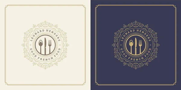 Restaurant logo template vector illustratie vork en lepel symbool en ornament wervelt goed voor menu en cafe teken — Stockvector