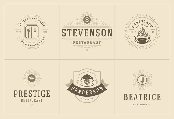 Modelos de logotipos de restaurante conjunto ilustração vetorial bom para rótulos de menu e crachás de café — Vetor de Stock