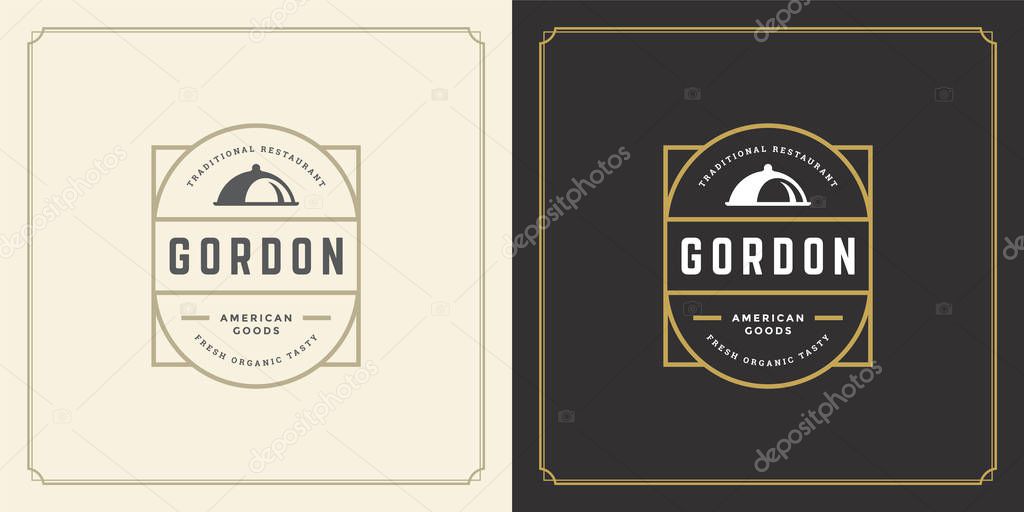 Restaurant logo template vector illustration tray cloche with meat steak symbol and decoration good for menu and cafe sign. Vintage typography emblem design.