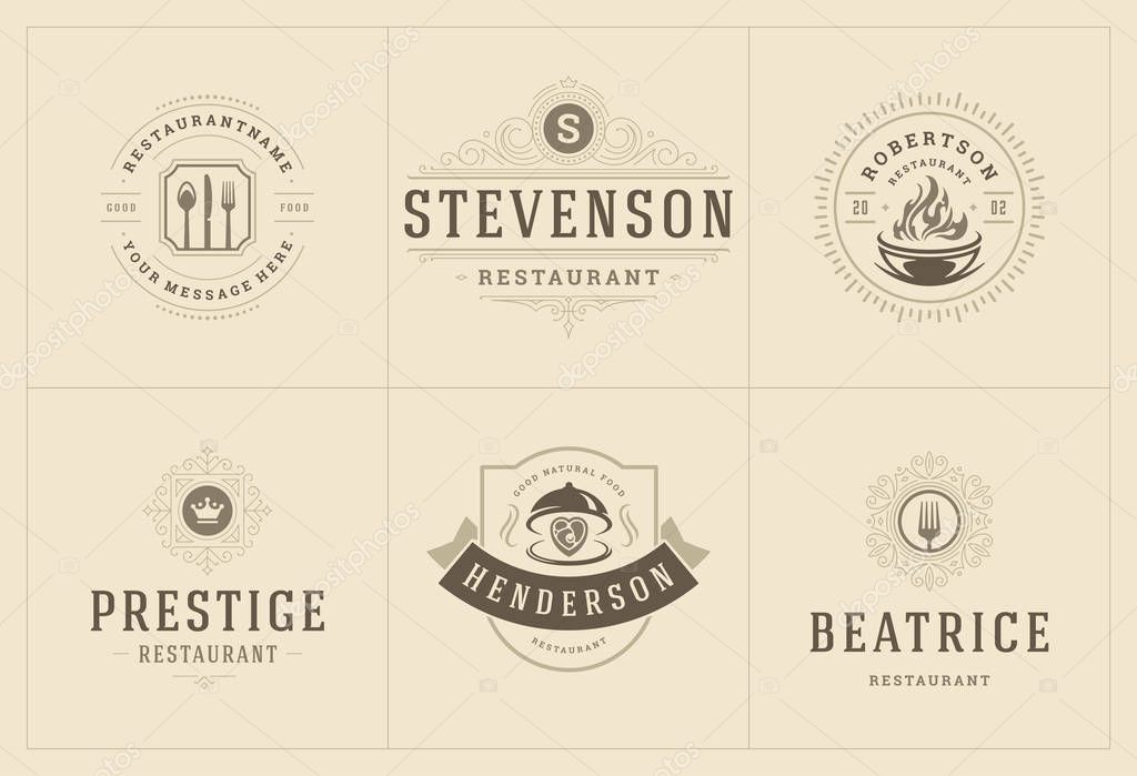 Restaurant logos templates set vector illustration good for menu labels and cafe badges. Vintage typography decoration design elements and symbols.