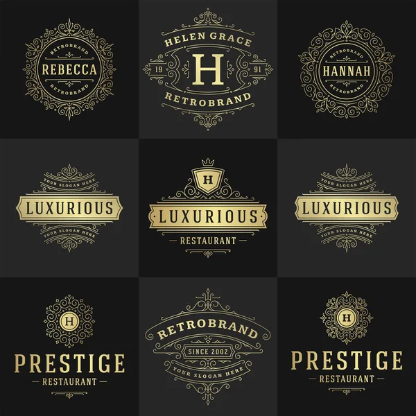 Logotipos vintage y monogramas conjunto elegante florece línea arte elegantes ornamentos estilo victoriano vector plantilla diseño — Archivo Imágenes Vectoriales