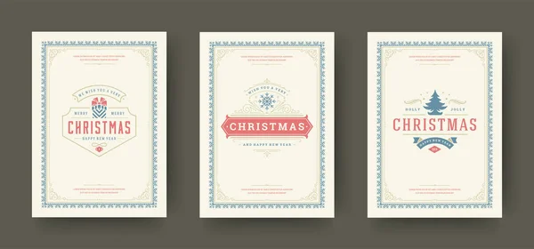Weihnachtsgrußkarten set vintage typografisches design, kunstvolle dekoration symbole vektorillustration — Stockvektor