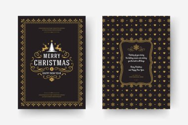 Noel tebrik kartı klasik tipografi tasarımı, ağaç süsleme sembolleri, kış tatili dilekleri.