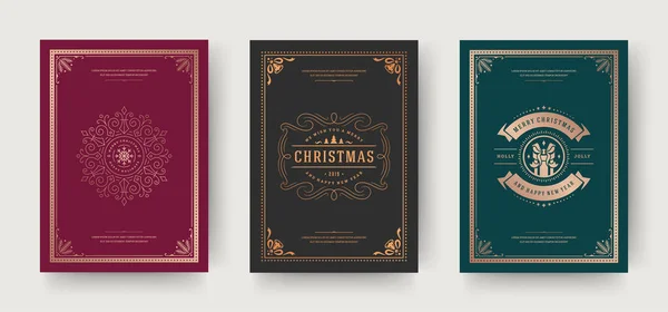 Tarjetas de felicitación navideñas diseño tipográfico vintage, adornos adornados símbolos con caja de regalo, deseos de vacaciones de invierno — Vector de stock