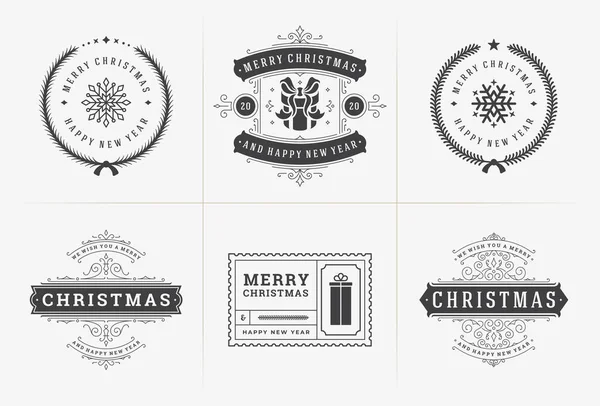 Typographie vectorielle de Noël étiquettes et insignes décorés, bonne année et vacances d'hiver souhaite illustration vectorielle — Image vectorielle