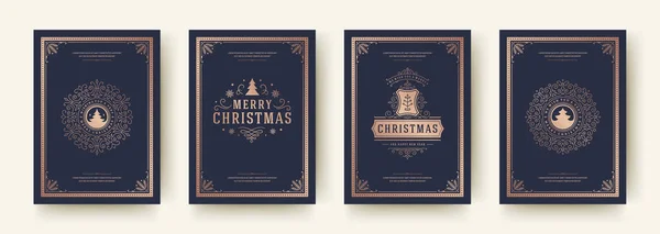 Weihnachtsgrußkarten Vintage-Design, kunstvolle Dekorationssymbole und Winterurlaubswünsche Vektorillustration — Stockvektor