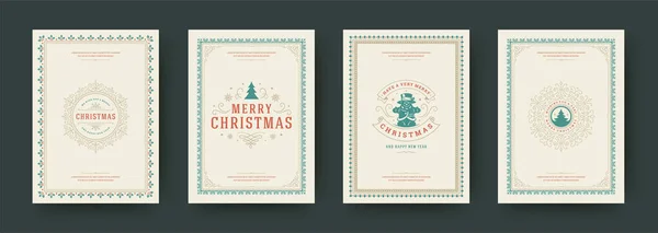 Tarjetas de Navidad vintage diseño tipográfico adornado decoraciones símbolos con vacaciones de invierno deseos vector ilustración — Vector de stock