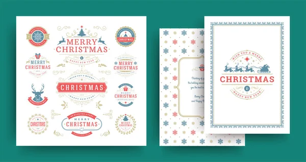 Kerst etiketten en badges vector ontwerpelementen set met wenskaart sjabloon. — Stockvector