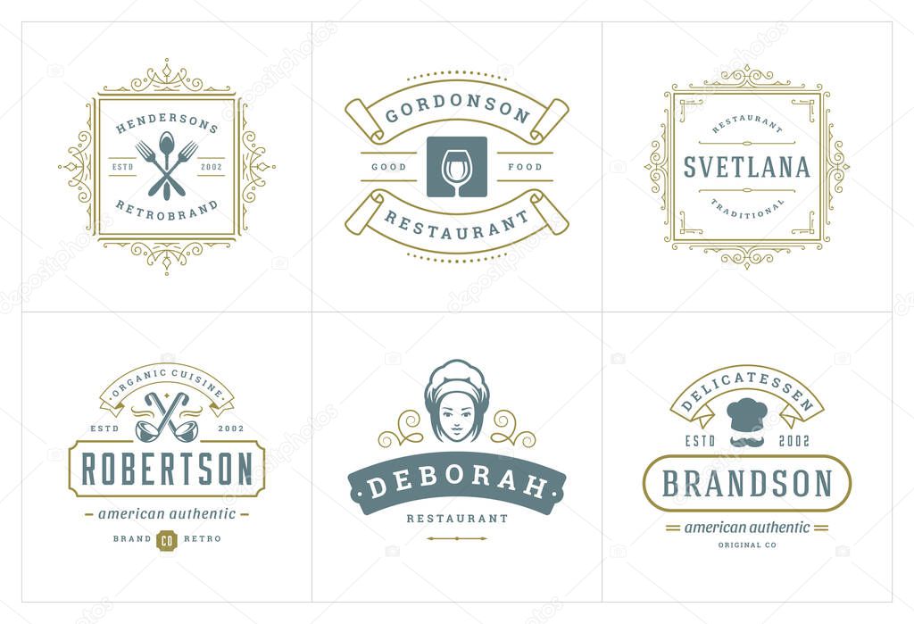 Restaurant logos templates set vector illustration good for menu labels and cafe badges