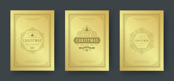 Diseño de tarjetas de felicitación de Navidad, símbolos decorativos adornados con árbol, deseos de vacaciones de invierno tipografía vintage — Vector de stock