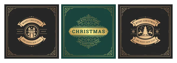 Weihnachten quadratische Banner vintage typografisches Design, kunstvolle Dekorationen Symbole Vektorillustration — Stockvektor