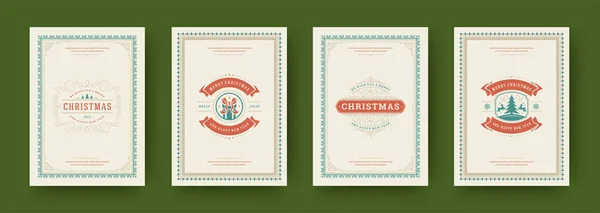 Χριστουγεννιάτικες κάρτες vintage τυπογραφικός σχεδιασμός περίτεχνα διακοσμητικά σύμβολα με χειμερινές διακοπές ευχές διανυσματική απεικόνιση — Διανυσματικό Αρχείο
