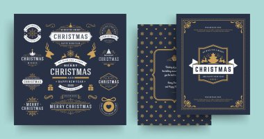 Tebrik kartı şablonu ile ayarlanmış Noel etiketleri ve rozetleri vektör tasarım öğeleri.