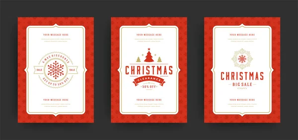Venta de Navidad folletos o pancartas de diseño conjunto ofertas de descuento y copos de nieve patrón de fondo con decoración ornamentada — Vector de stock
