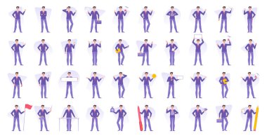 Bir dizi vektör illüstrasyonu modern girişimciler iş adamı karakter tasarımı çeşitli iş faaliyetleri yapıyor