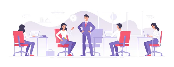Obchodní tým pracující v moderní kancelářské vektorové ilustrace mužských a ženských kolegyň postav — Stockový vektor