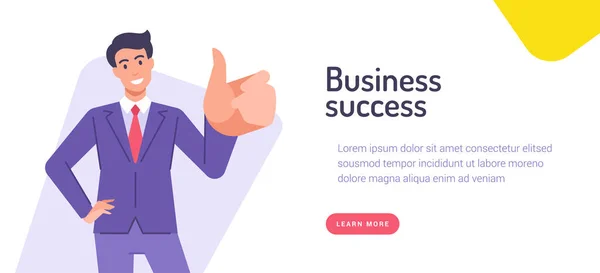 Vector illustration with businessman character in suit smiling and gesturing thumb up near business success inscription — Stock Vector