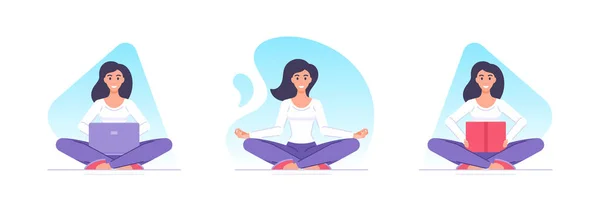 Personaje femenino de cartón haciendo yoga en casa y estudiando conjunto de vector de estilo plano — Vector de stock