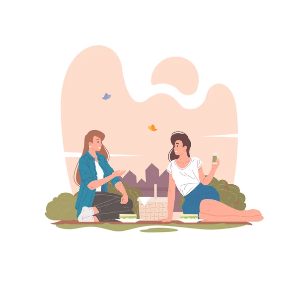 Жінки-друзі, що мають пікнік у літньому парку Векторні ілюстрації . — стоковий вектор