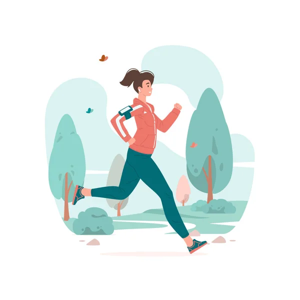 Woman running during fitness training in park vector illustration. — Stock Vector