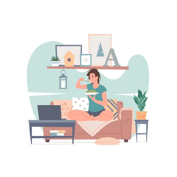 Woman having dinner and watching movie at home vector illustration. — Stock Vector