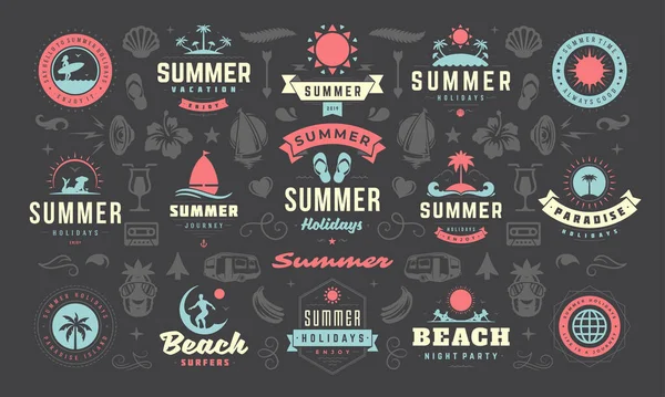 Diseño de etiquetas e insignias de verano set tipografía retro para carteles, tarjetas de felicitación y pancartas. — Archivo Imágenes Vectoriales