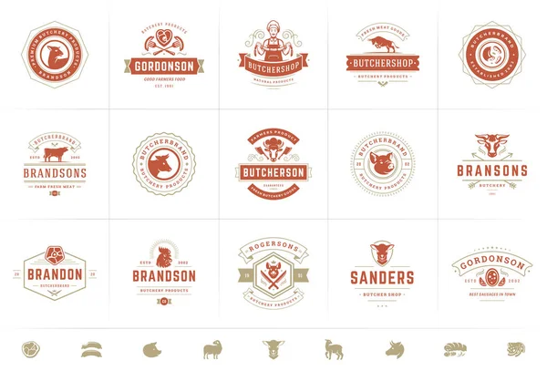 Logotipos de carnicería set vector ilustración bueno para insignias de granja o restaurante con animales y siluetas de carne — Vector de stock