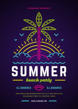 Yaz plajı parti ilanı veya poster şablonu neon ışıkları tipografi tarzı tasarım.