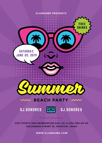 Summer Beach part Flyer eller affisch mall 90s Pop Art typografi stil design — Stock vektor