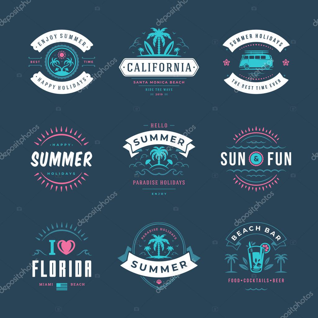 Summer holidays labels and badges retro typography design set. Templates for greeting cards, posters and apparel design. Vector illustration.