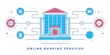 Akıllı telefon ve internet bankacılığı hizmetleri için simgelerle birlikte düz çizgi illüstrasyonunun vektör illüstrasyonu