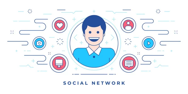 Diseño de banner de línea plana con hombre feliz e iconos creados para el sitio web moderno con campaña de marketing en redes sociales — Vector de stock